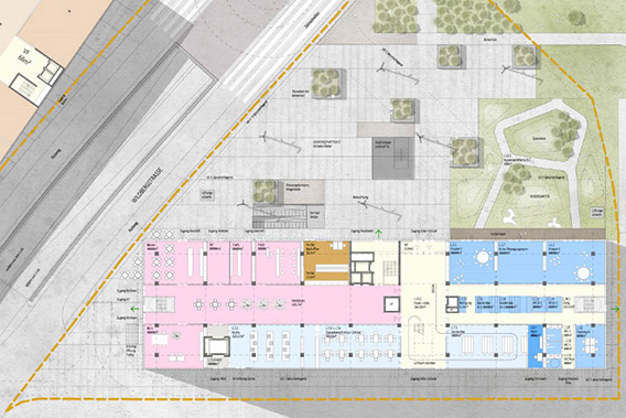 Grundriss Erdgeschoß mit LISA JUNIOR International School (blau) und großzügiger Lobby (rosa) als gemeinsamer Marktplatz für Kinder, SchülerInnen und BewohnerInnen. © SWA